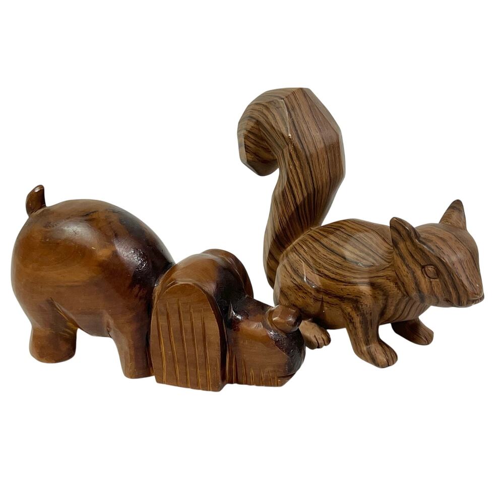 Vintage Hand Carved Wood Animal Figurines Lot Squirrel Hound Dog Bloodhound 2pc
